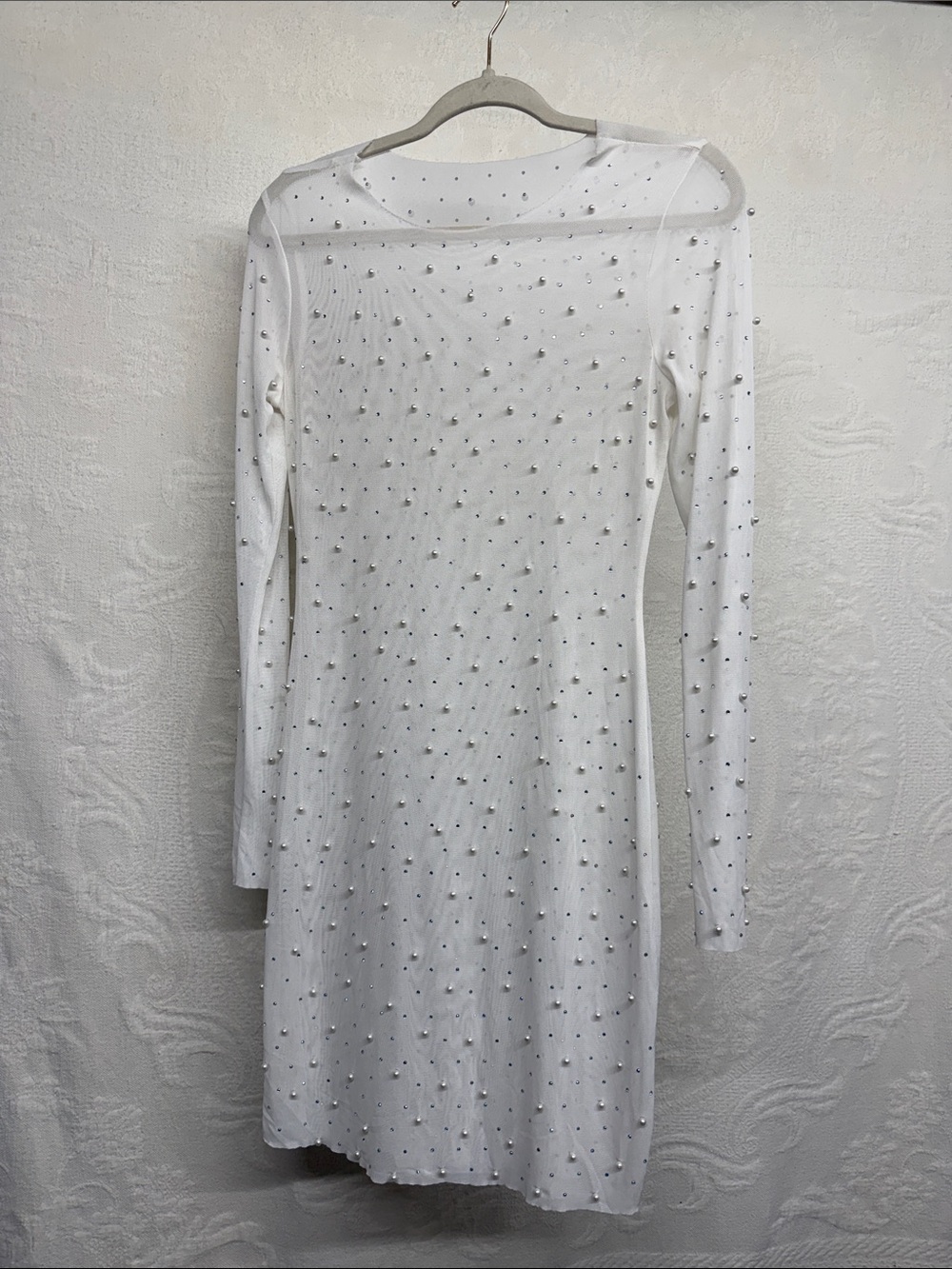 White Long-Sleeve Embellished Mesh Dress